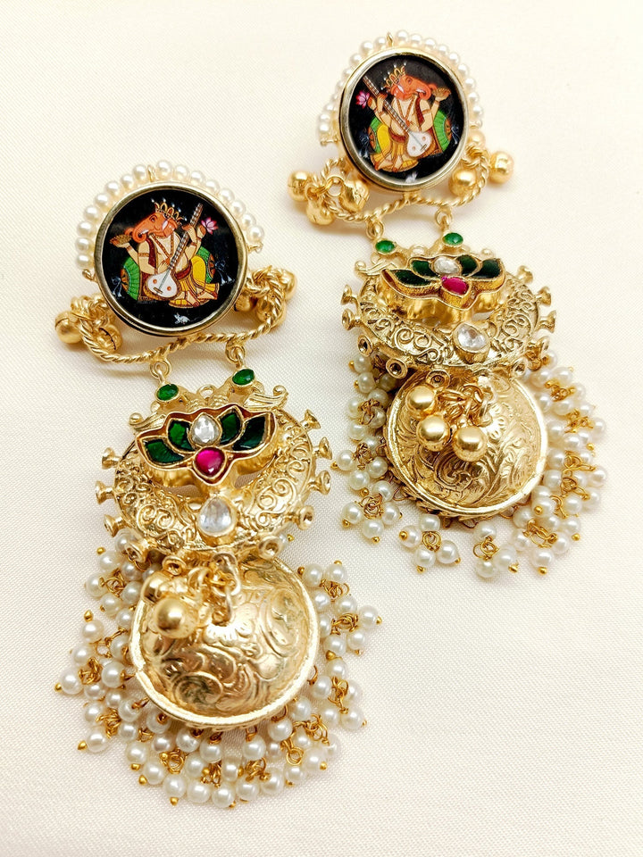 Handcrafted gold and turquoise jhumki earrings by Kanika M & G Boutique