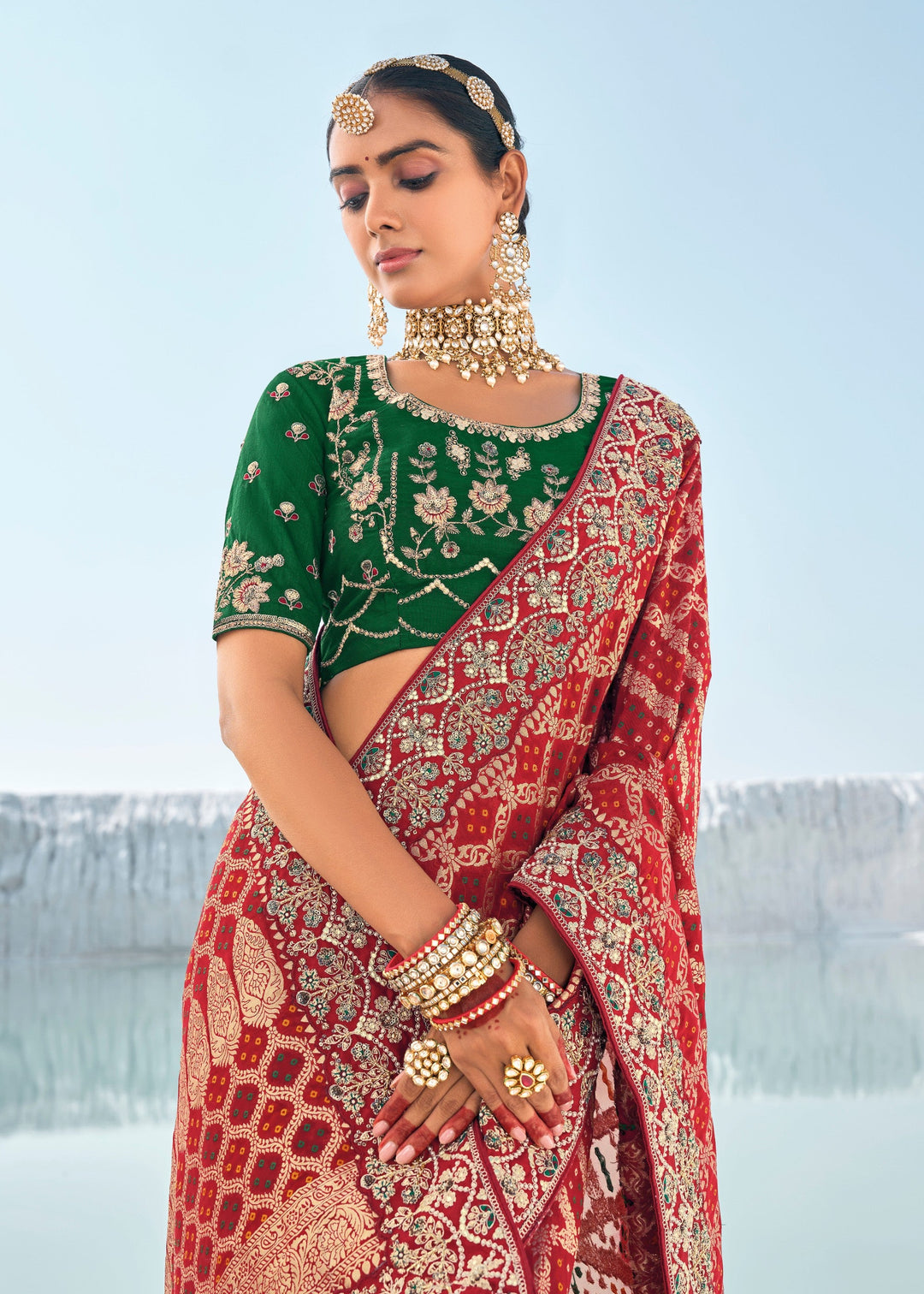 Maroon Pure Georgette Bandhani Patola With Zari Weaving Heavy Work Saree - qivii