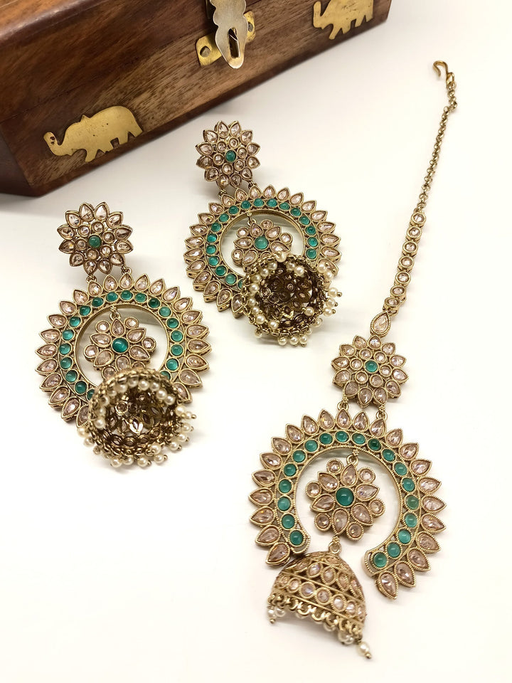 Ekiya Green Polki Jhumki With Teeka - qivii