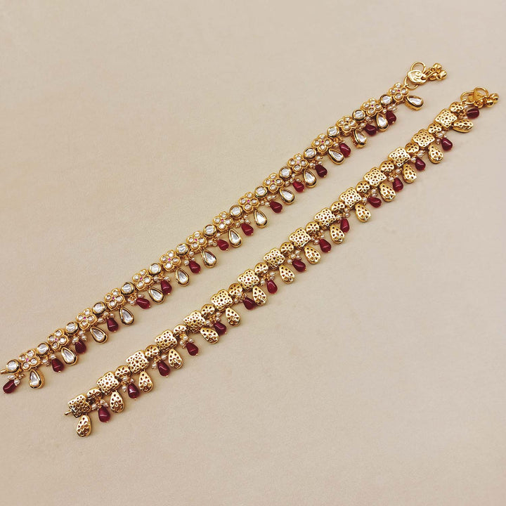 Nupoor Ruby Gold Plated Kundan Anklet - qivii