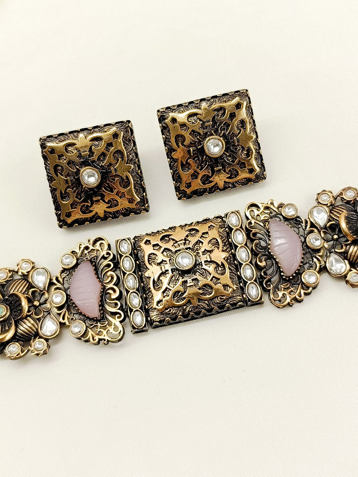 Neeshad Baby Pink Oxidized Choker Set - qivii