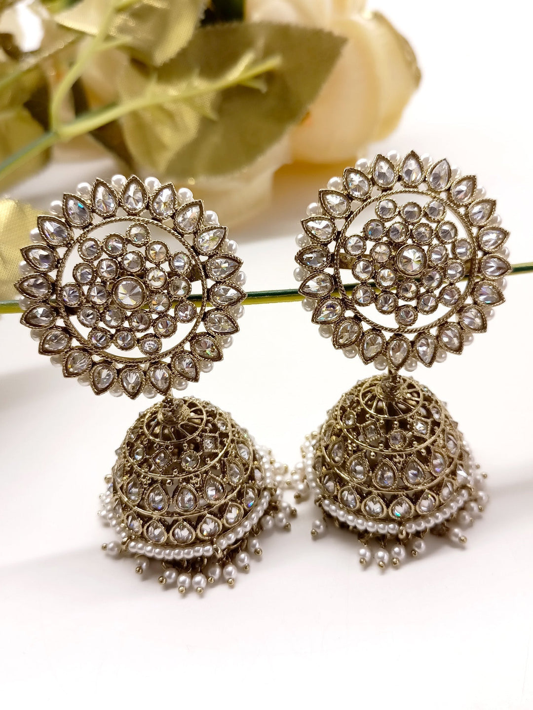 Gorgeous Vrinya White Polki Jhumki with Pearl Hanging and Antique Gold Plated Brass Metal