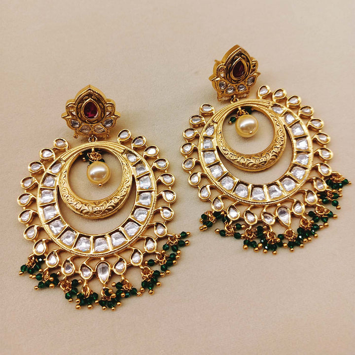 Manju Rose Pink & Green Gold Plated Kundan Earrings - qivii