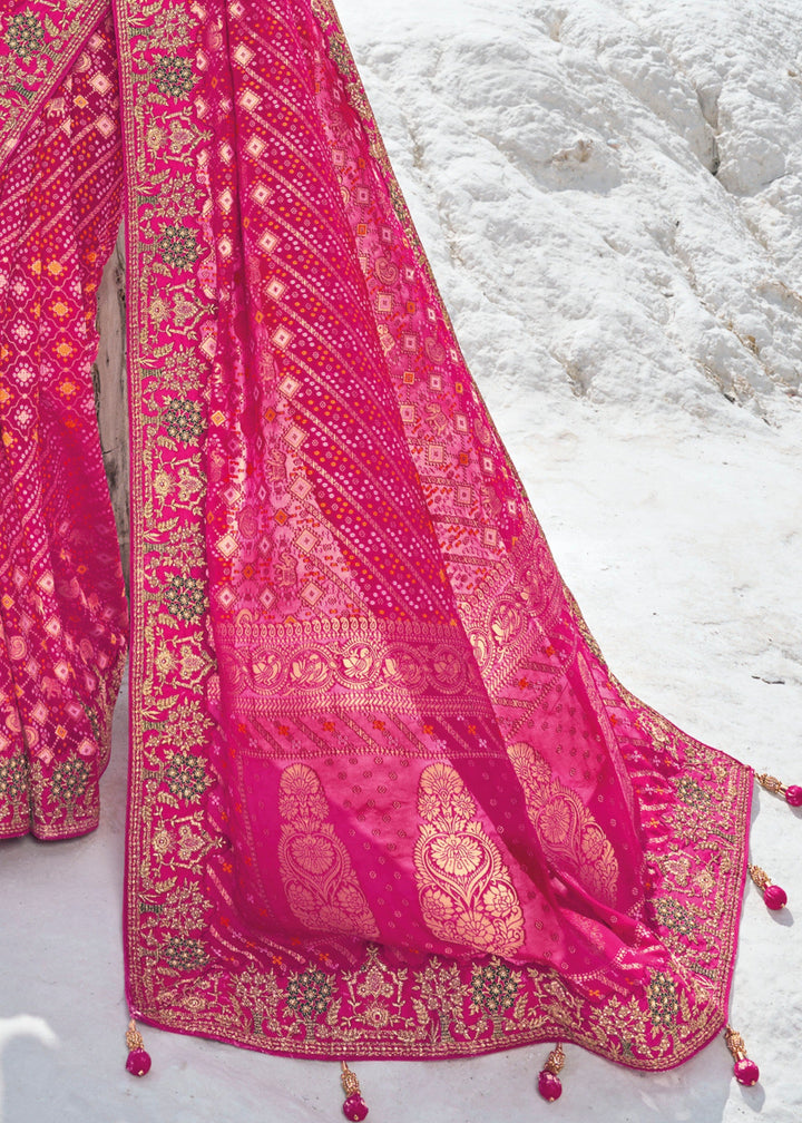 Barbie Pink Pure Georgette Bandhani Patola With Zari Weaving Heavy Work Saree - qivii