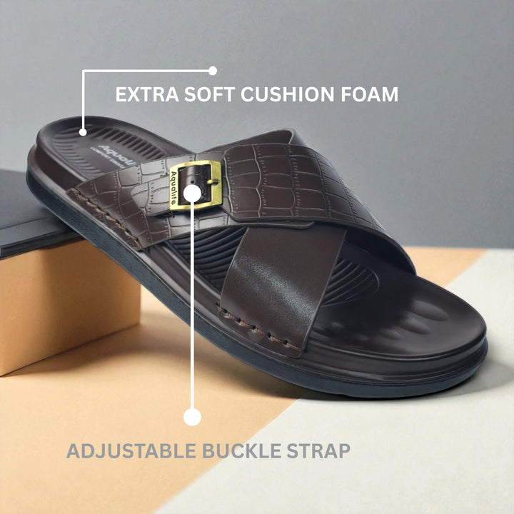 AQUALITE PG2123 BROWN Men's Chappal/Flip flop/ Slipper/Extra Soft Chappal/Slipper Ethnic Wear Leather With Adjustable Buckle Strap/Navratri Fashion Footwear. - qivii