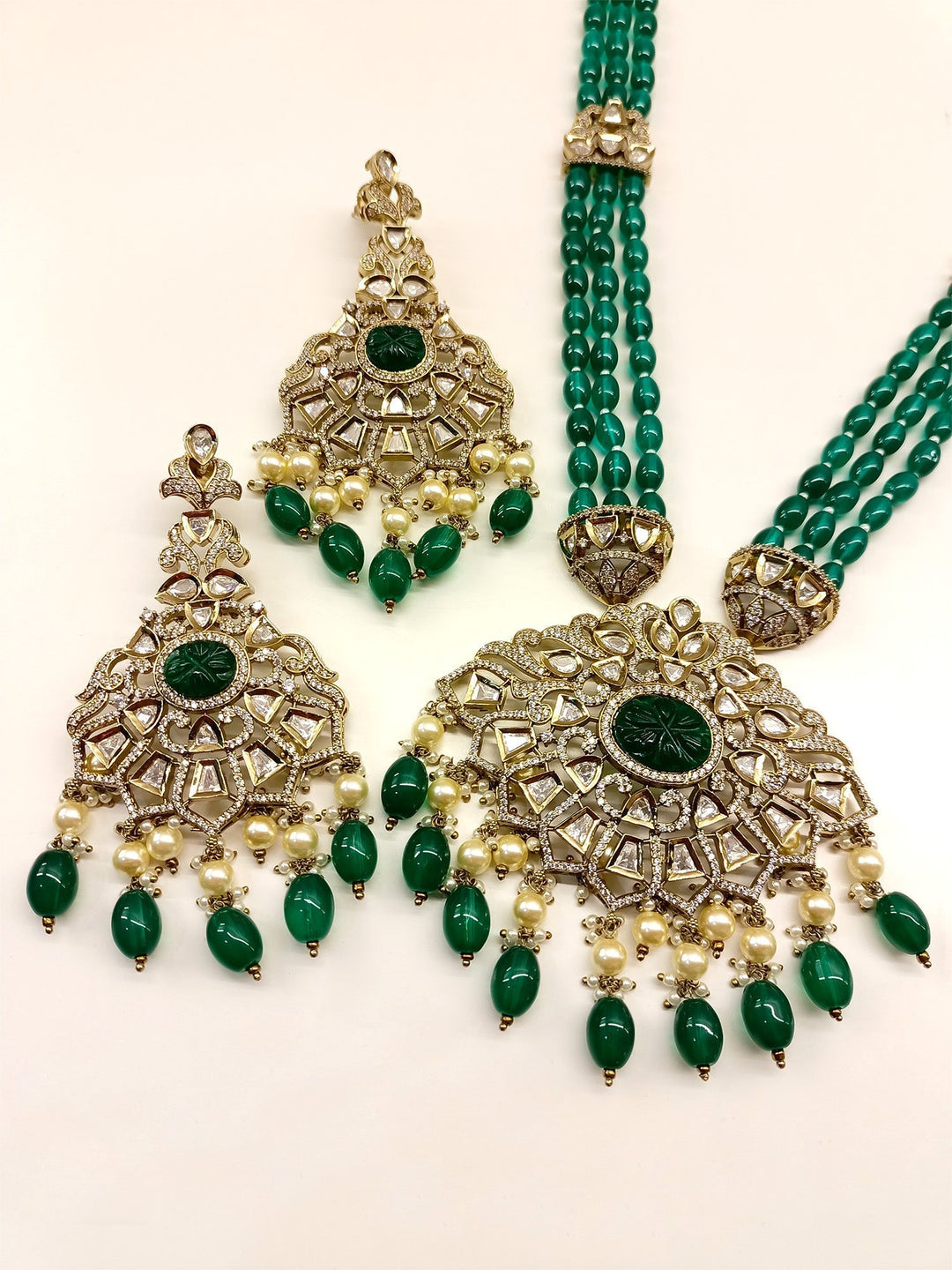  Green Kundan Polki Long Necklace Set crafted from Antique Gold Plated Brass Metal, perfect for special occasions
