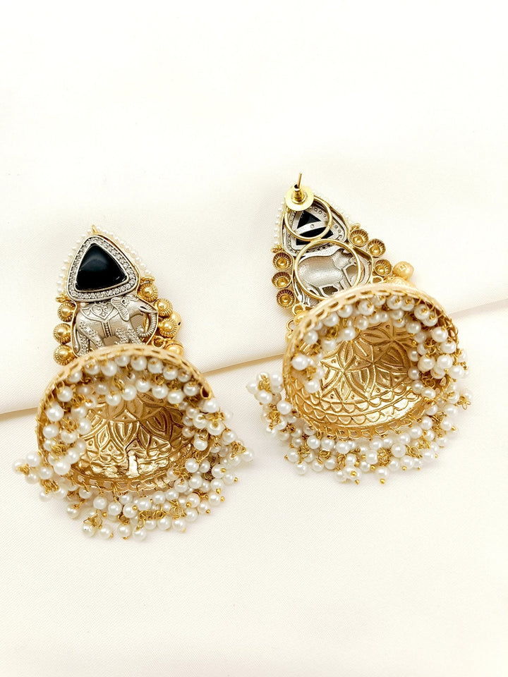  Elegant black boutique jhumki crafted from gold plated brass with delicate pearl hangings 