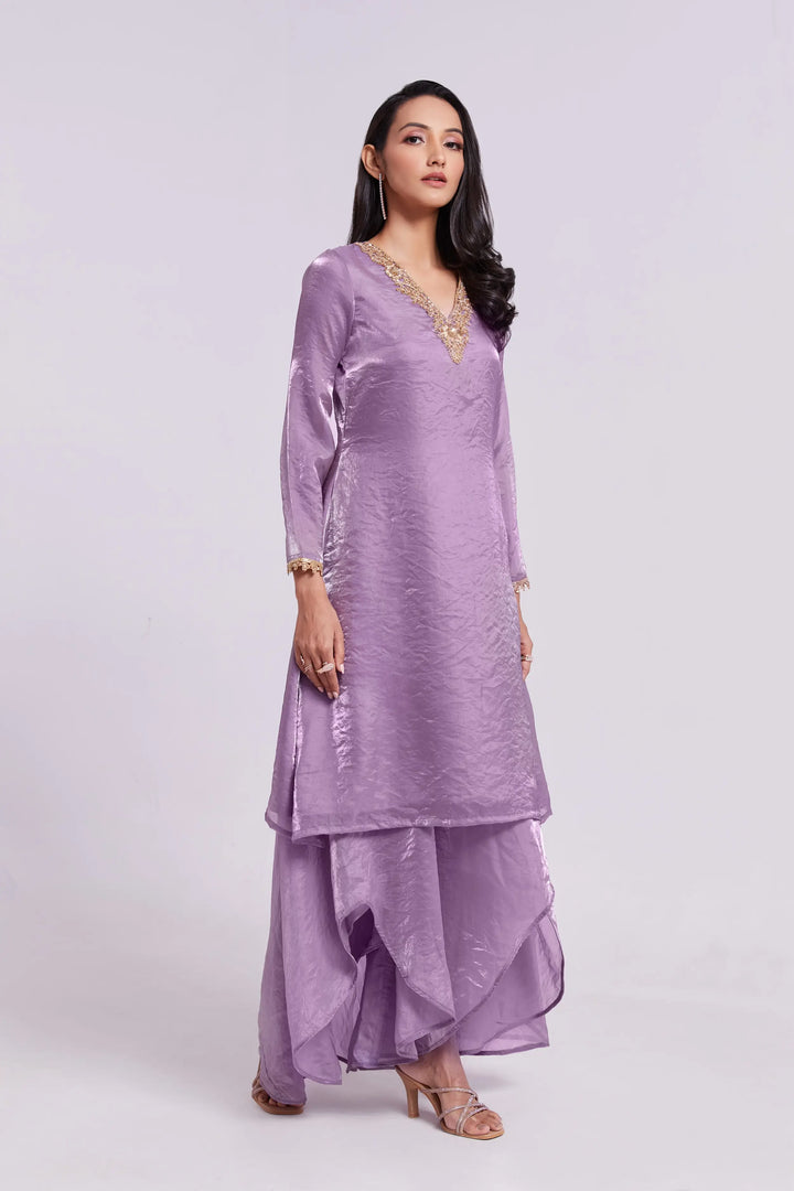 Lilac Purple Pure Organza Salwar Suit With Handwork - qivii