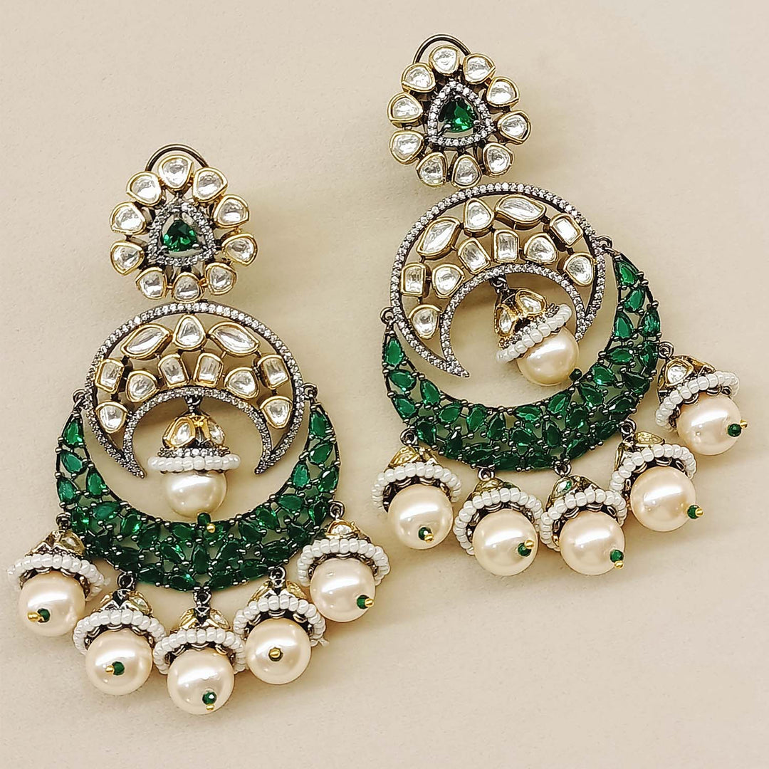 Mishika Green Rhodium Plated Victorian Earrings - Elegant and intricate design with green stones and rhodium plating