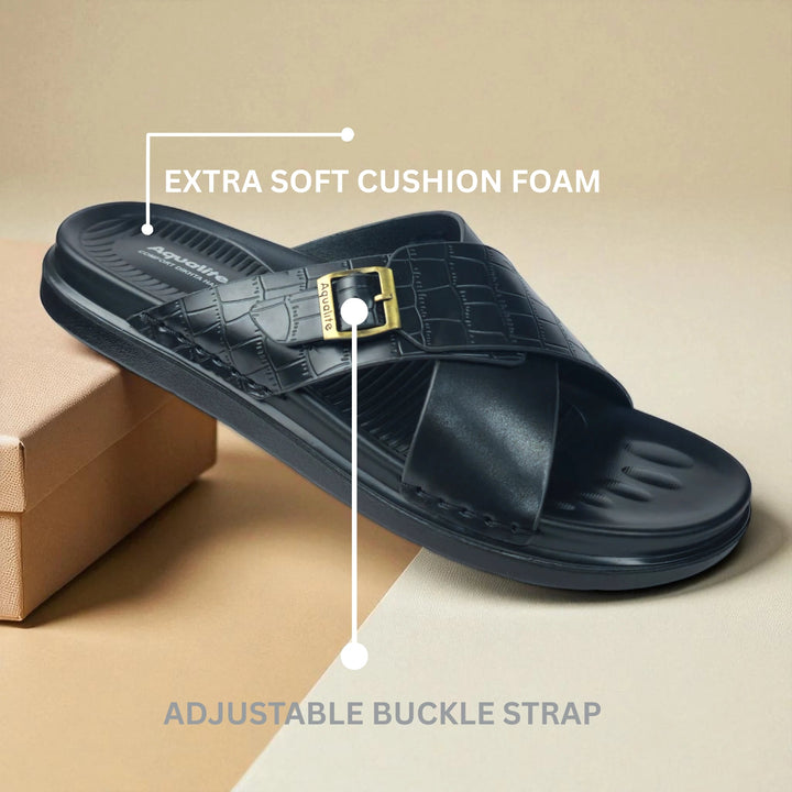 AQUALITE PG2123 BLACK Men's Chappal/Flip flop/ Slipper/Extra Soft Chappal/Slipper Ethnic Wear Leather With Adjustable Buckle Strap/Navratri Fashion Footwear. - qivii