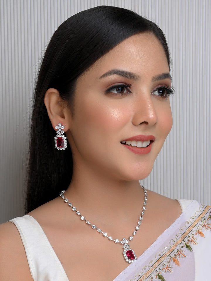 Iksha Majenta American Diamond Set crafted from silver plated brass metal