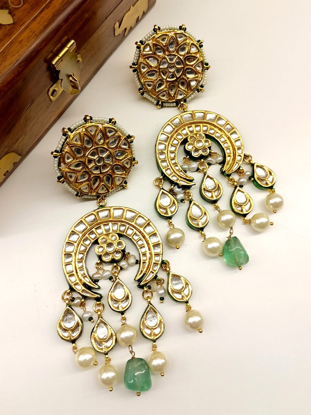 Elegant Eva Mint Green Long Kundan Earrings featuring gold plated brass metal and pearl and bead accents