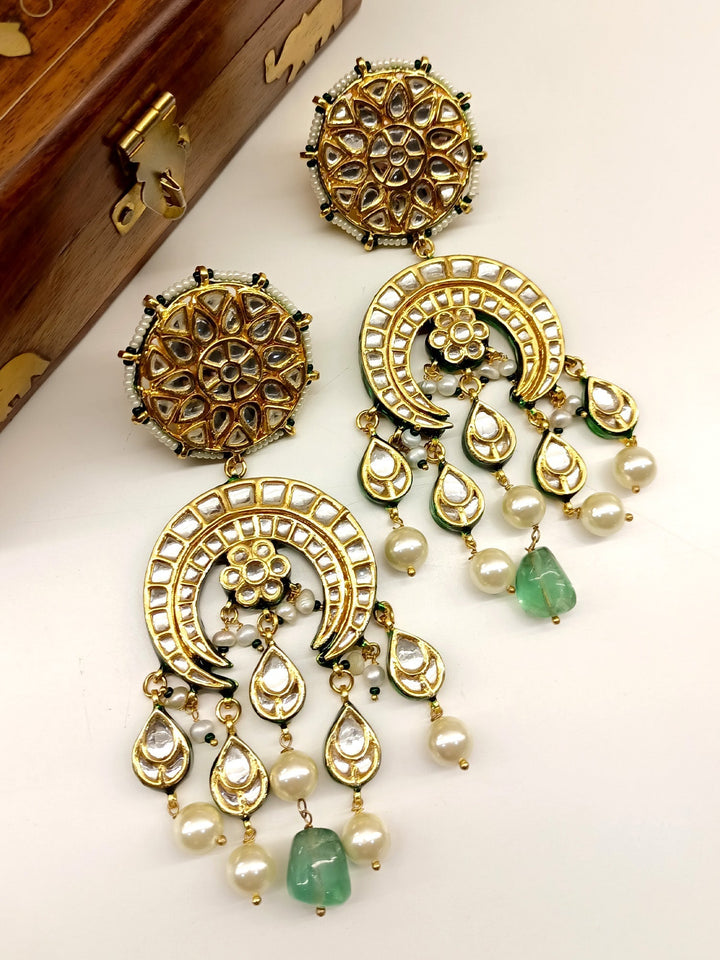 Elegant Eva Mint Green Long Kundan Earrings featuring gold plated brass metal and pearl and bead accents