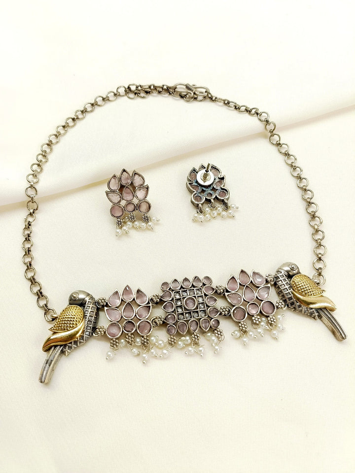 Rish Baby Pink Peacock Oxidized Choker Set - qivii
