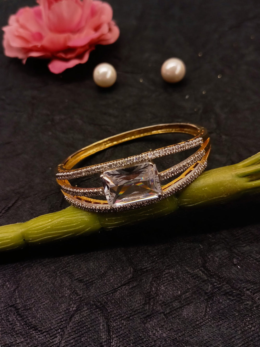 Dhanvi Golden Bracelet With Rectangular Stone - qivii