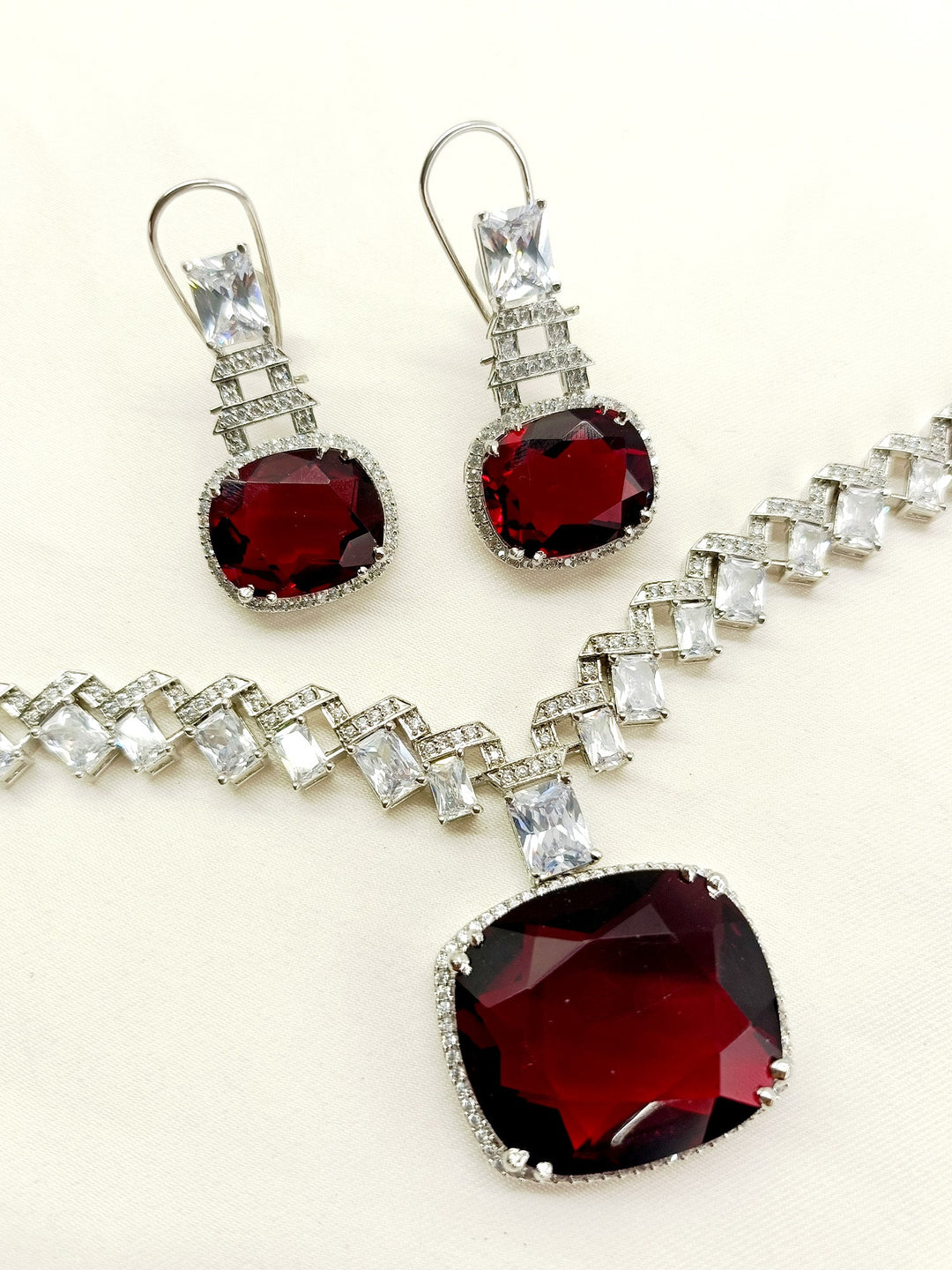 Trishna Maroon American Diamond Necklace Set - qivii