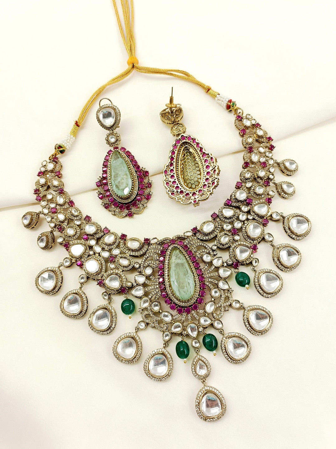 Natasha Mint Green Kundan Necklace Set - qivii