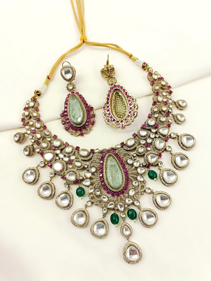 Natasha Mint Green Kundan Necklace Set - qivii