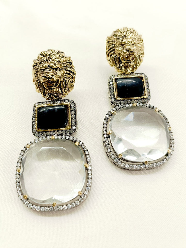  Sophisticated black Victorian earrings with lion motifs, crafted with black polish brass metal and accented with American diamond setting