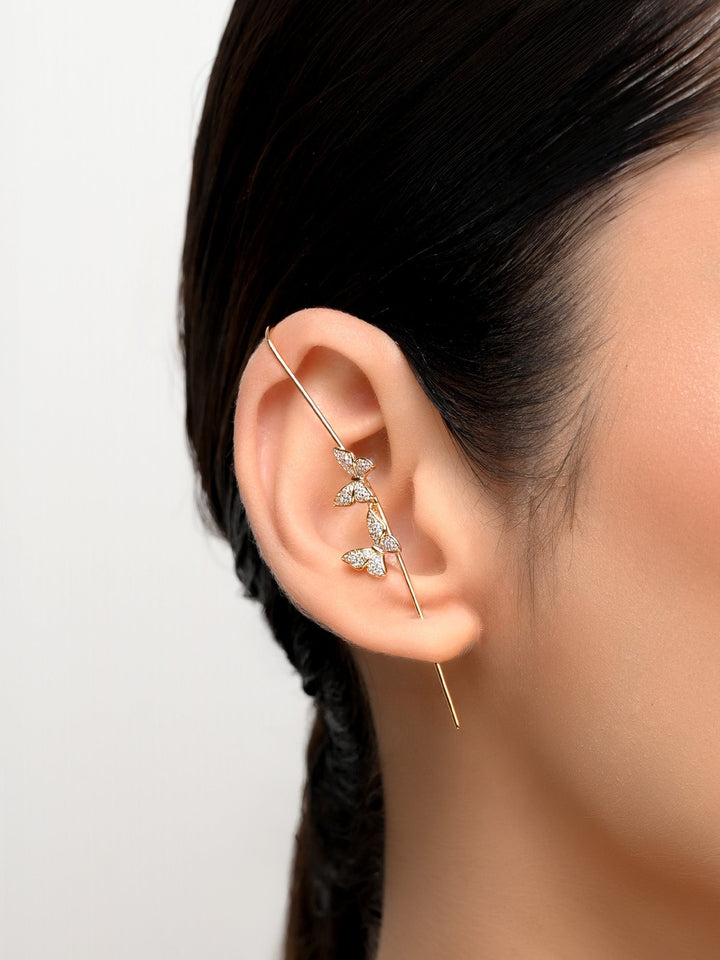 Griva White American Diamond Earcuff expertly crafted from gold plated brass metal, exuding elegance and sophistication