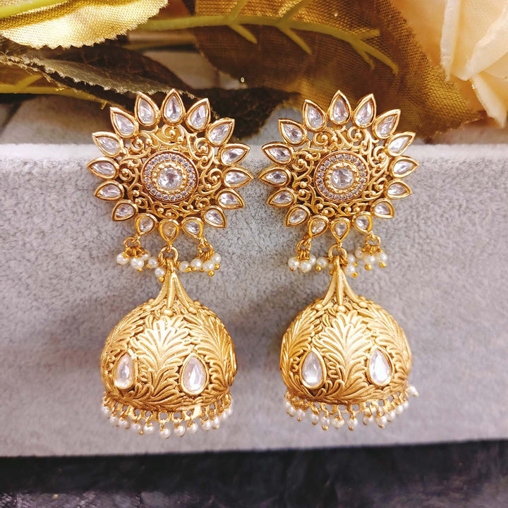 Aashiyana White Stone Gold Plated Kundan Jhumki Earrings with intricate design
