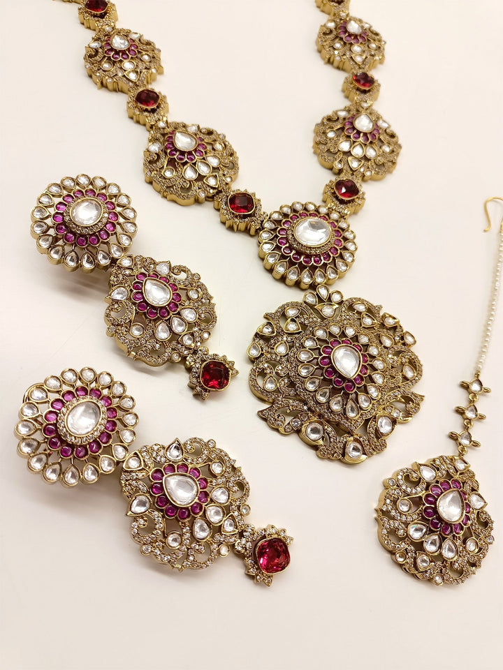 Bishakha Ruby Kundan Polki long Necklace Set - qivii