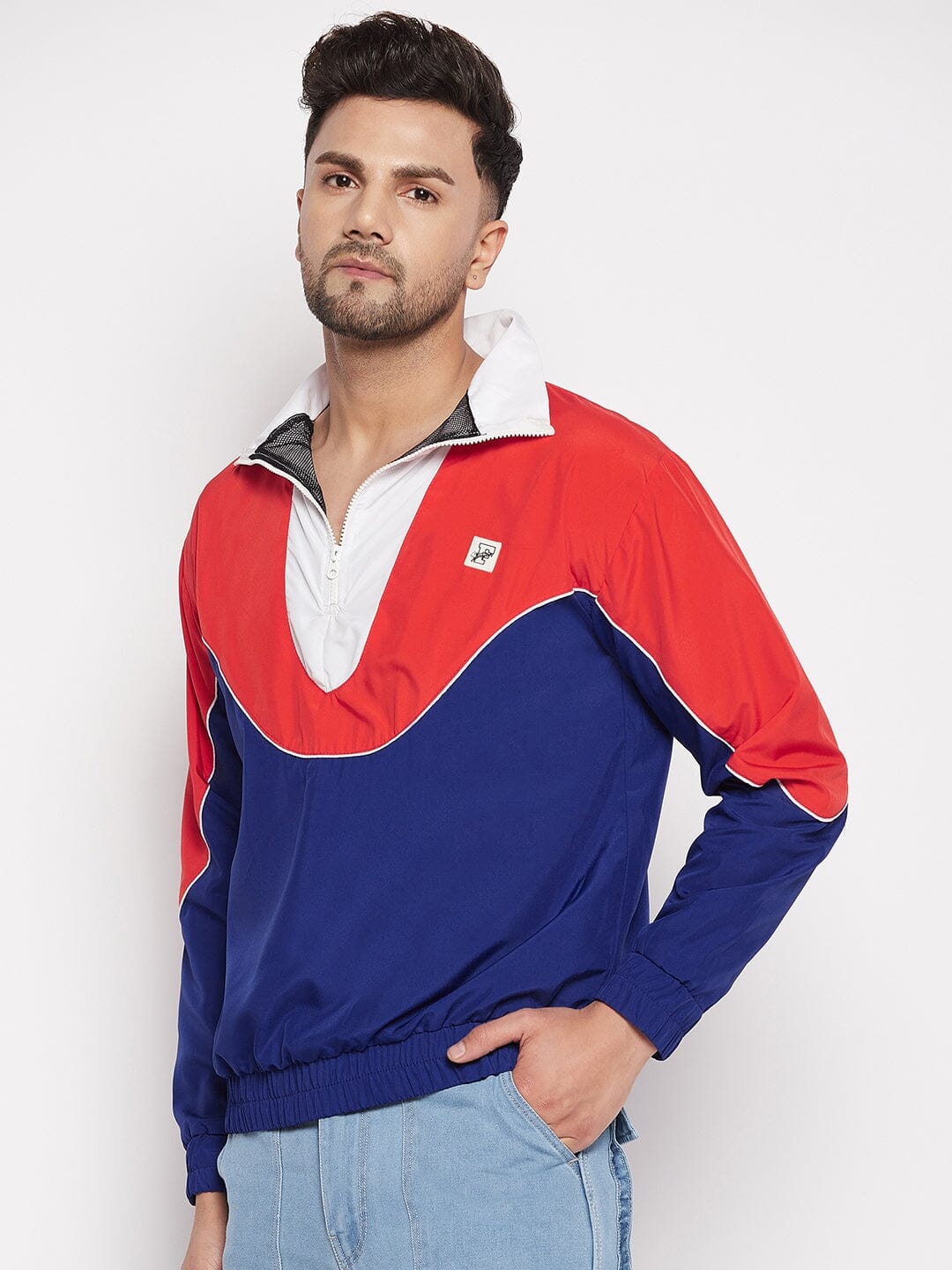 Blue Colour Blocked Windbreaker Jacket