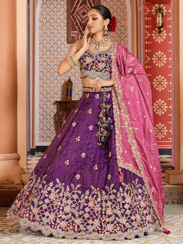 PURPLE - Tissue Fabric Sequins embroidery Semi-Stitched Lehenga & Unstitched Blouse With Dupatta