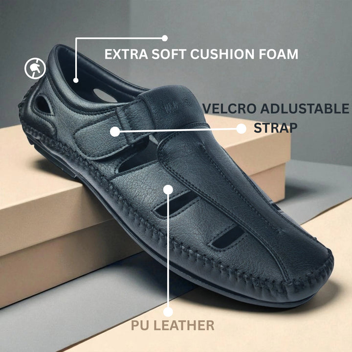 P&G N1404 Men's BLACK Slipon Sandal Extra Soft Sandal/Mojri/Ethnic Wear Leather With Adjustable Strap/Navratri Fashion Footwear. - qivii