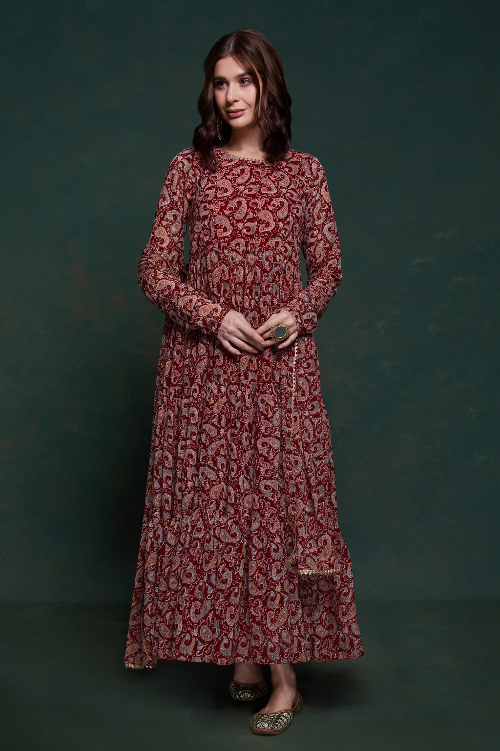 Maroon Printed Gown With Dupatta