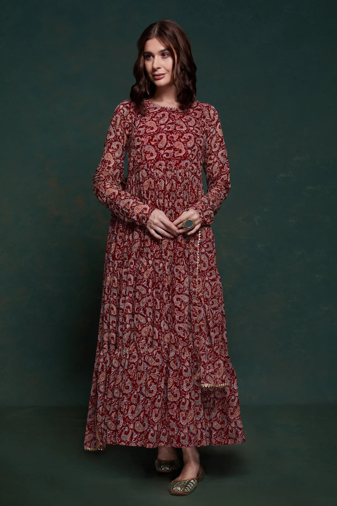 Maroon Printed Gown With Dupatta - qivii
