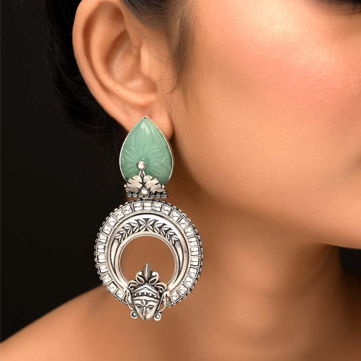 Mayura Mint Green Stone Temple Silver Plated Boutique Earrings with intricate design and elegant craftsmanship