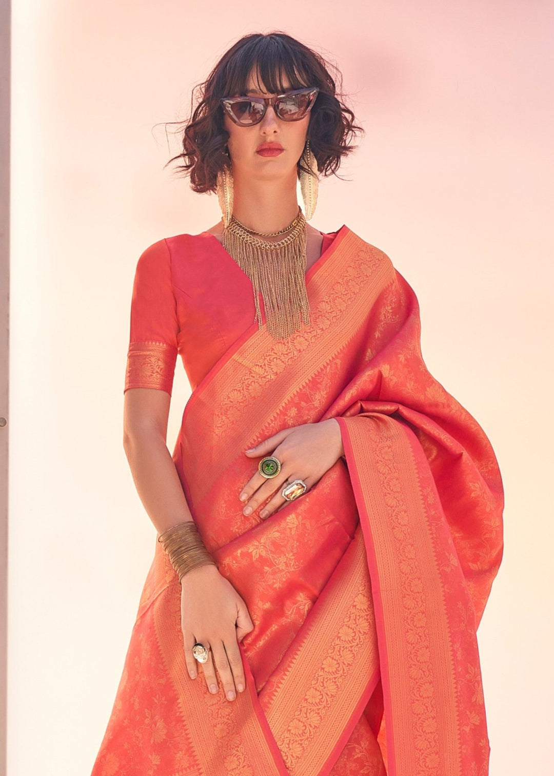 Peach Orange Handloom Weaving Saree - qivii