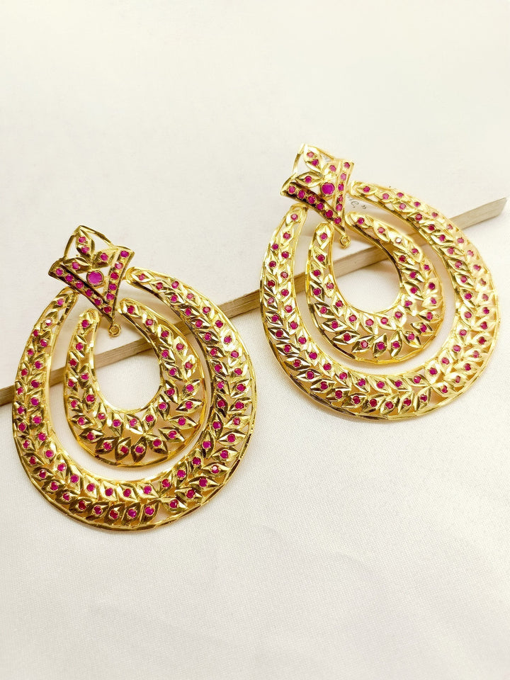 Gold plated brass Jadau earrings with delicate ruby stones
