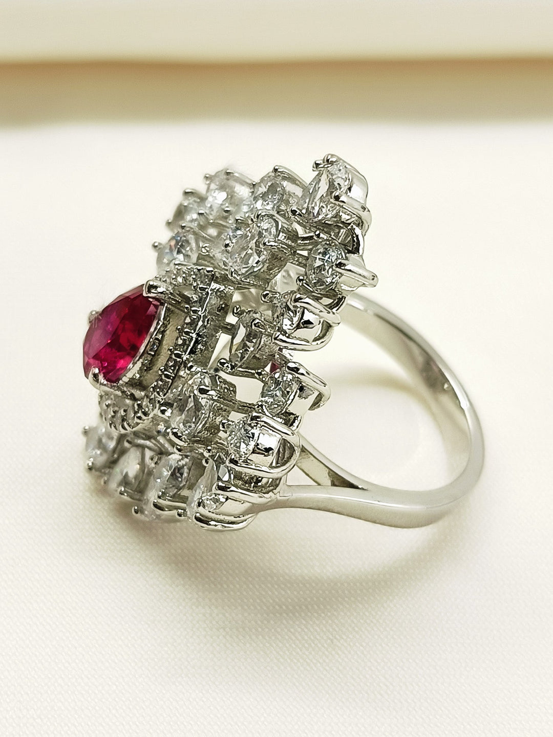 Evita Ruby 92.5 Silver American Diamond Finger Ring - qivii