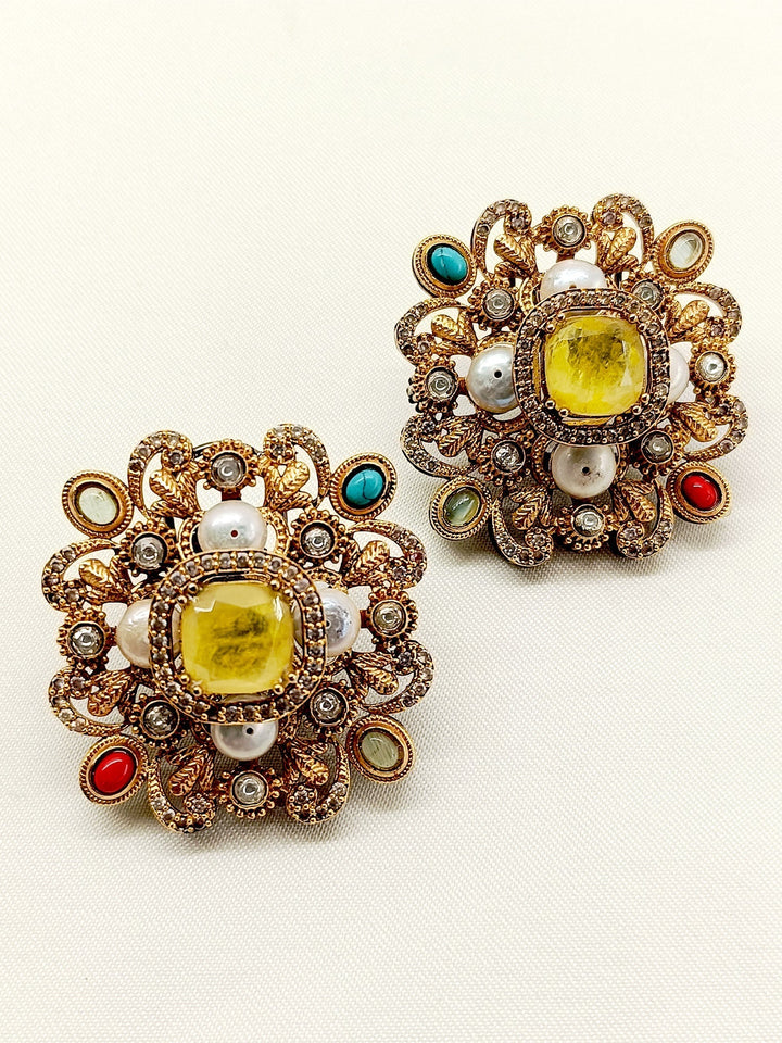  Exquisite Viha Navaratna Victorian Tops, intricately crafted with gold and black polish brass metal, and embellished with delicate Navaratna stones back clip-on, perfect for elevating your style