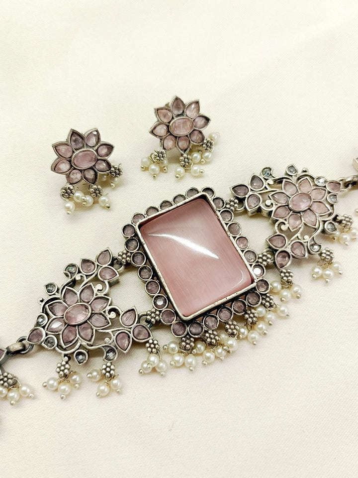 Venisha Baby Pink Oxidized Choker Set - qivii