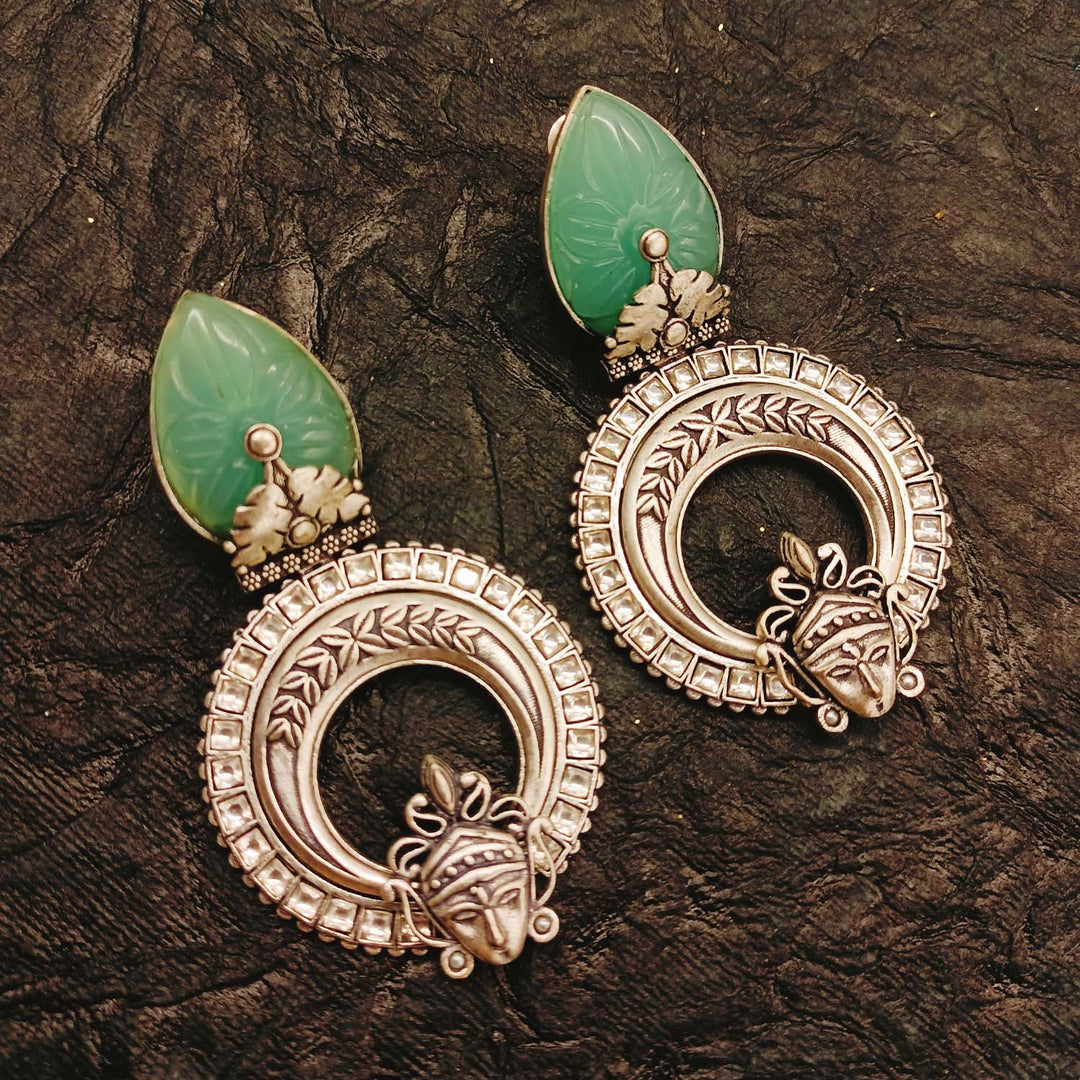 Mayura Mint Green Stone Temple Silver Plated Boutique Earrings with intricate design