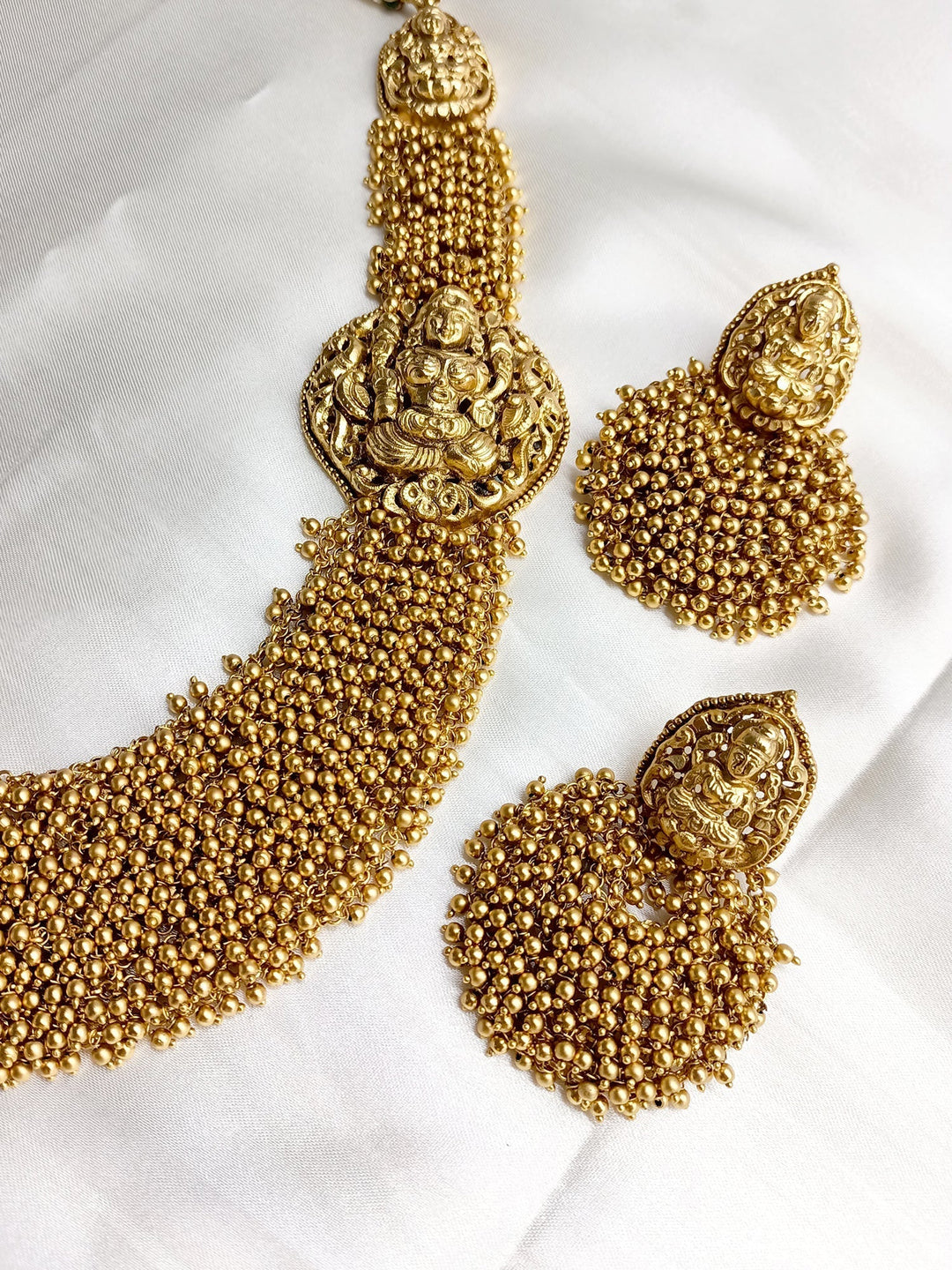 Aneeqa Long Temple Necklace Set in gold with intricate detailing