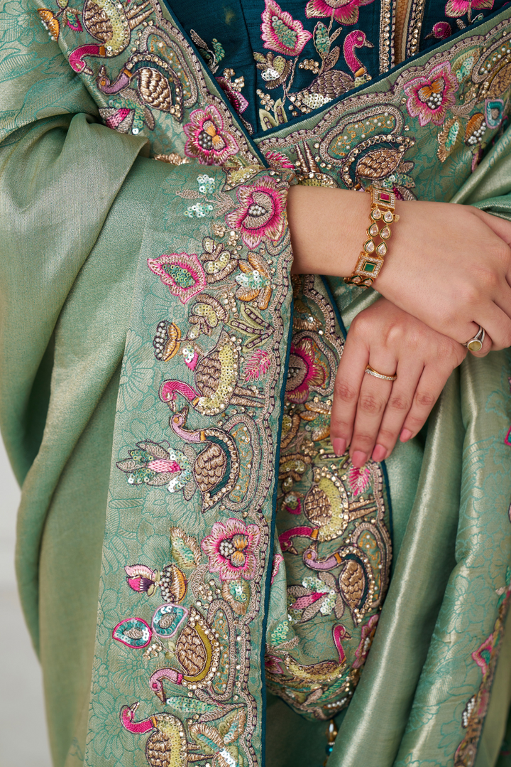 Trending Reception Green Color Saree With Multi-thread Embroidery - qivii