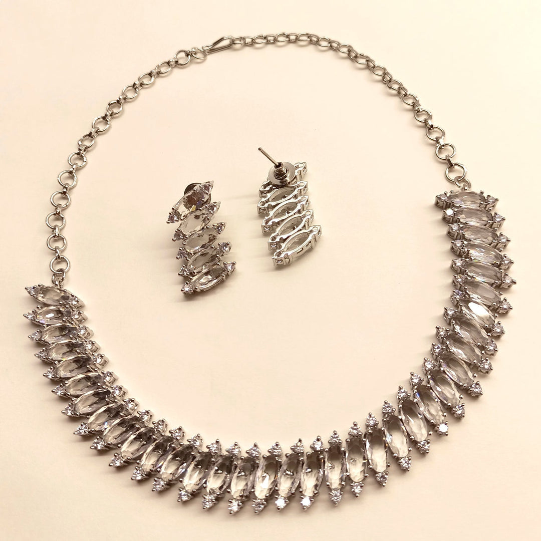  Stylish and elegant silver plated necklace set with stunning American diamond and fancy cut shape stone