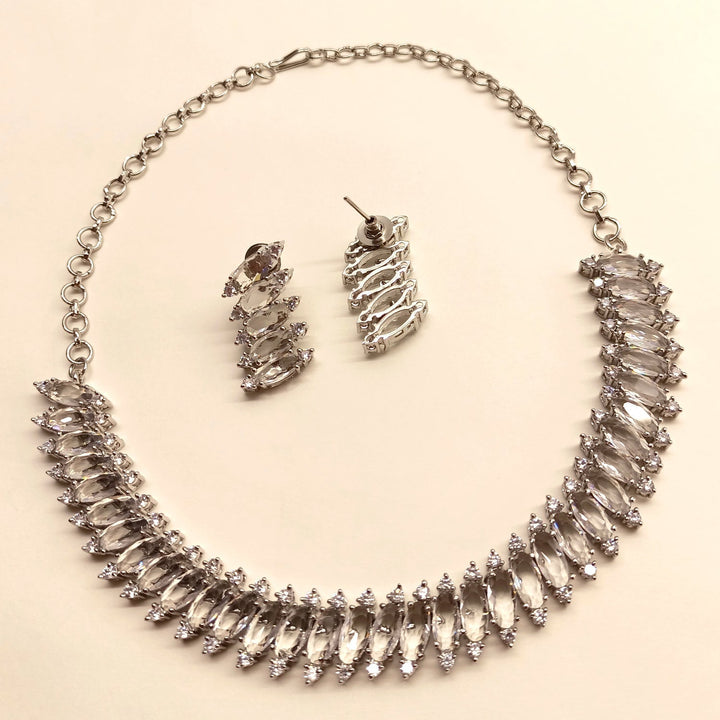  Stylish and elegant silver plated necklace set with stunning American diamond and fancy cut shape stone