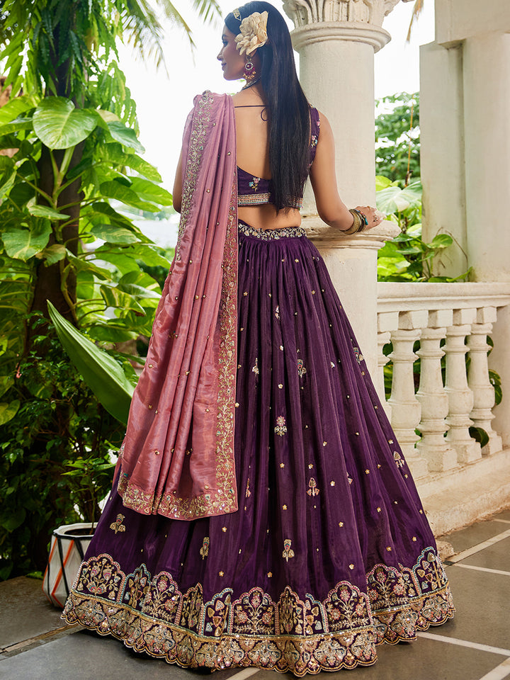 Burgundy - Satin Sequinse embroidery Semi-Stitched Lehenga choli & Dupatta - qivii