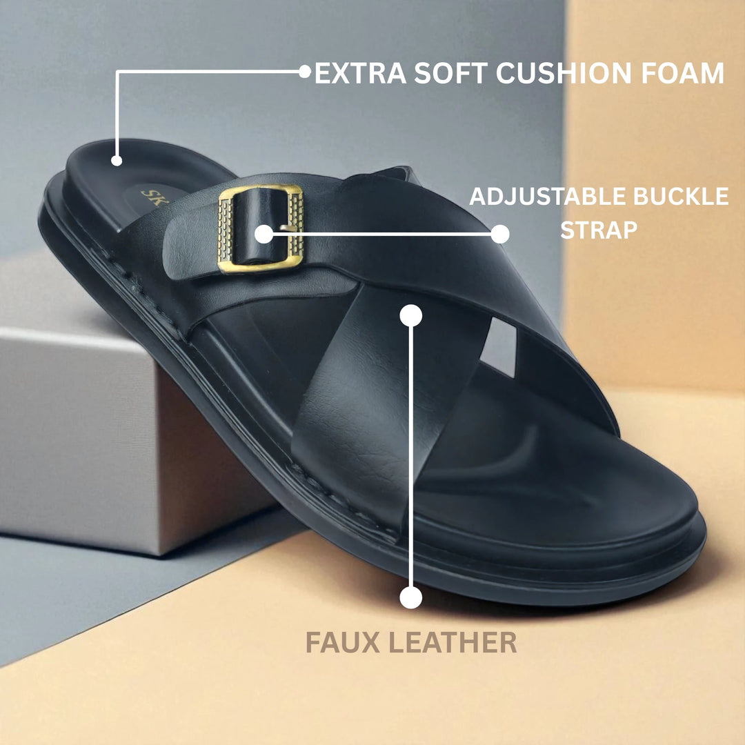 SKEROO 6408 Men's BLACK Chappal/Flip flop/Slipper Extra Soft Chappal Slipper Ethnic Wear Leather With Adjustable Buckle Strap Navratri Fashion Footwear. - qivii