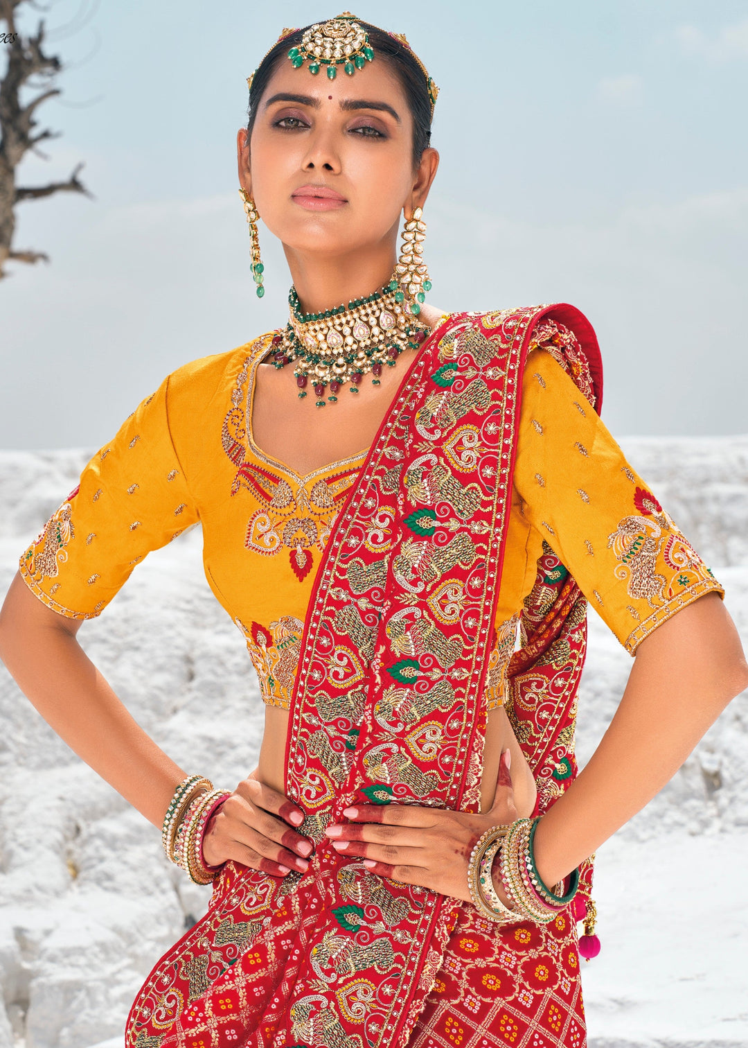 Crimson Red Pure Georgette Bandhani Patola With Zari Weaving Heavy Work Saree - qivii