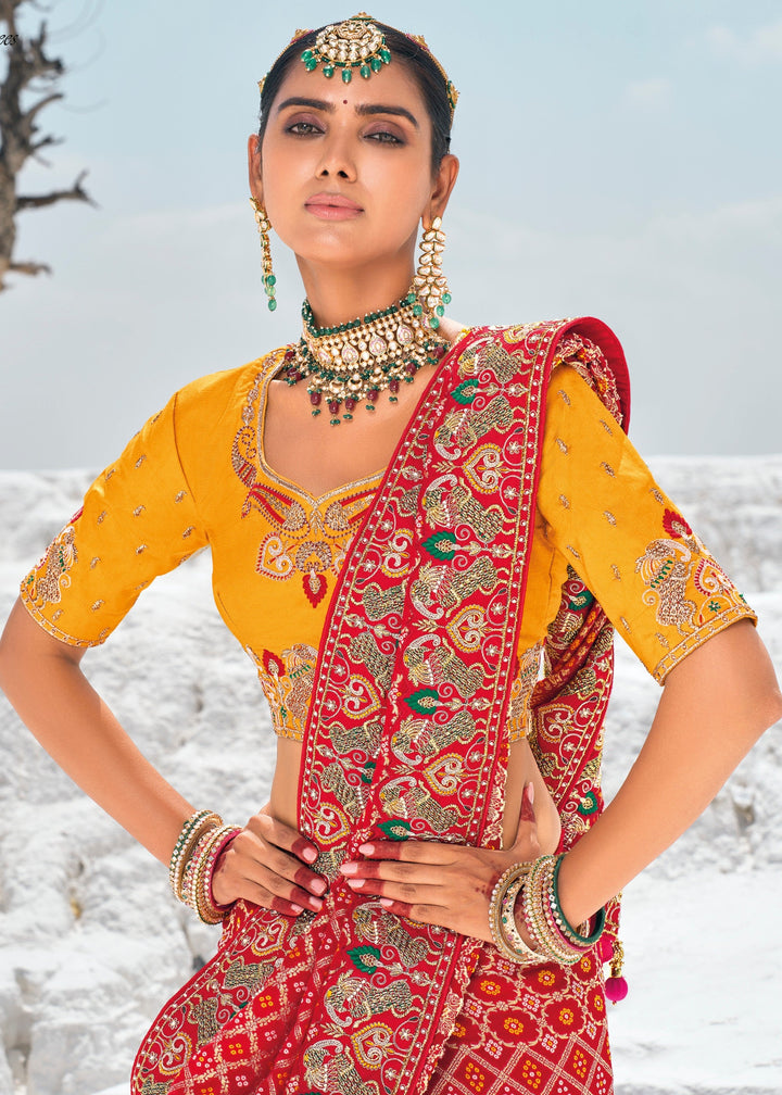 Crimson Red Pure Georgette Bandhani Patola With Zari Weaving Heavy Work Saree - qivii