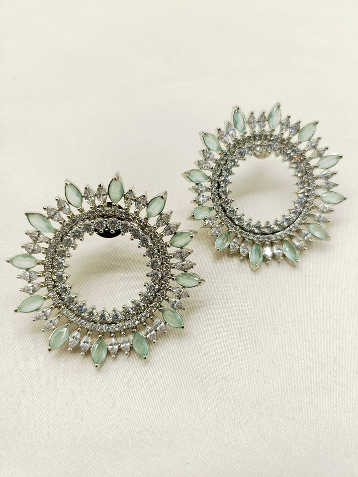 Detailed image of Monika Light Green American Diamond Silver Plated Tops showcasing the intricate design of mint green marquise round shapes and dazzling American diamonds on silver plated brass metal