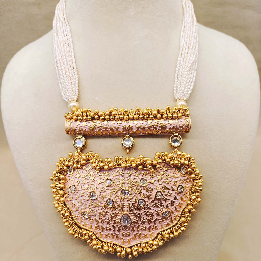  Handcrafted Meenakari Pendant Set with Gold Plated Brass Metal and Pearls