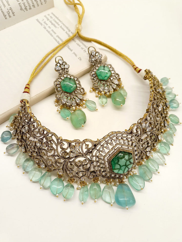 Rajni Mint Green Polki Necklace Set with intricate design and sparkling green stones
