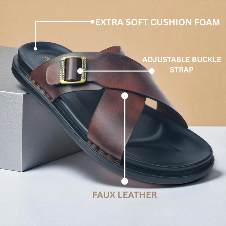 SKEROO 6408 Men's BROWN Chappal/Flip flop/Slipper Extra Soft Chappal Slipper Ethnic Wear Leather With Adjustable Buckle Strap Navratri Fashion Footwear - qivii